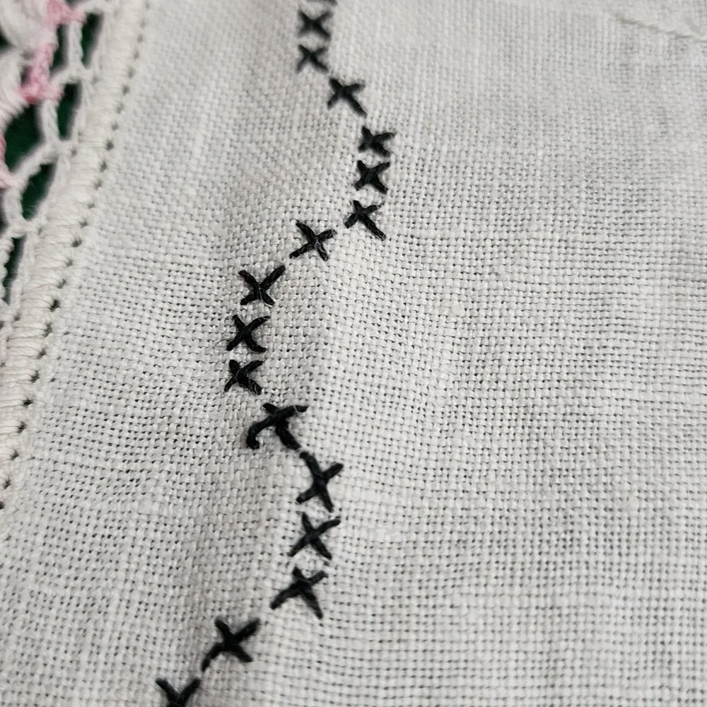 Vintage Hand Embroidered Linen Table Runner Floral Crochet Lace Trim 38x12